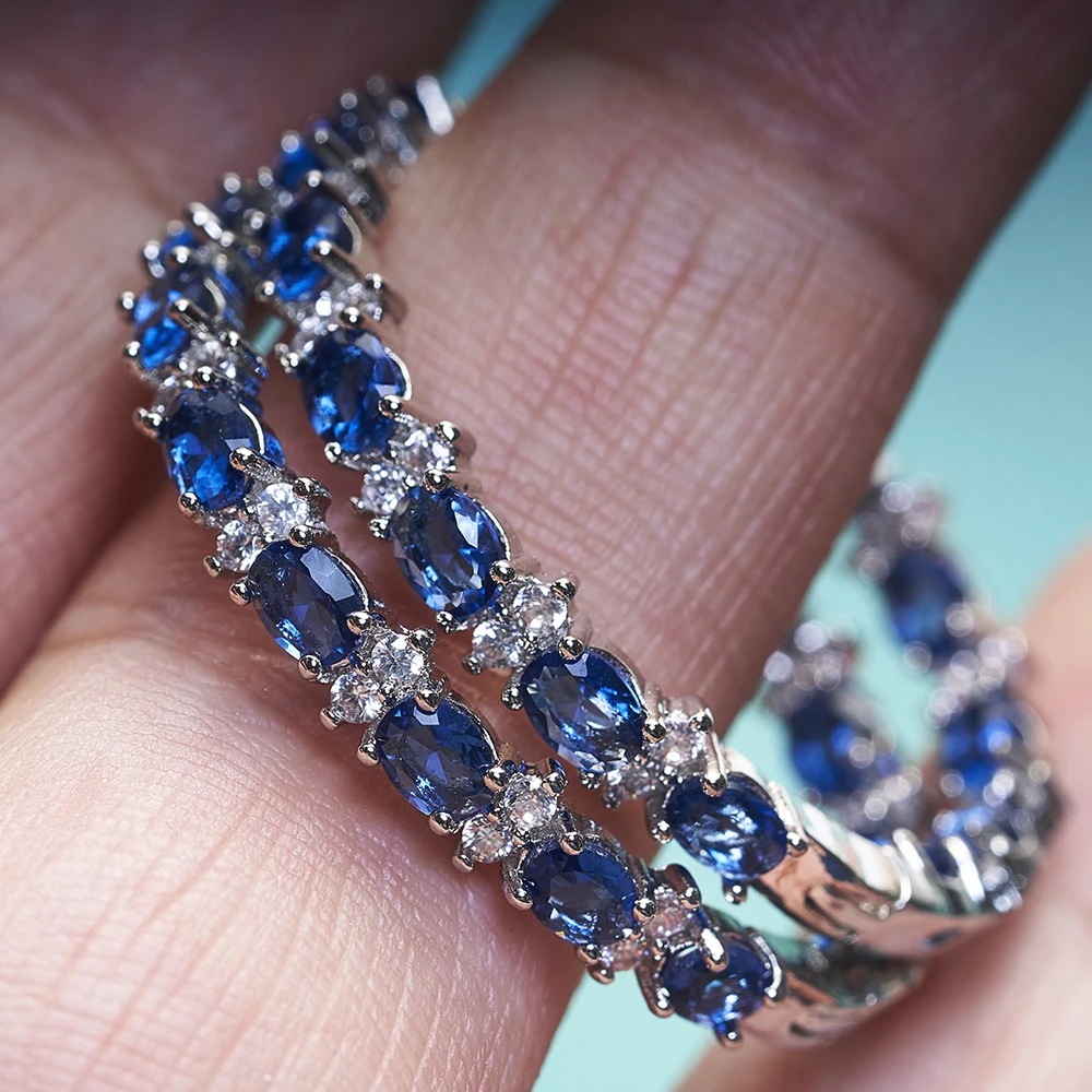 Women Sapphire Gemstone Drop Earring Silver  Jewerly With Oval Shape Blue Color Zircon Female Dating Party Jearly Gift