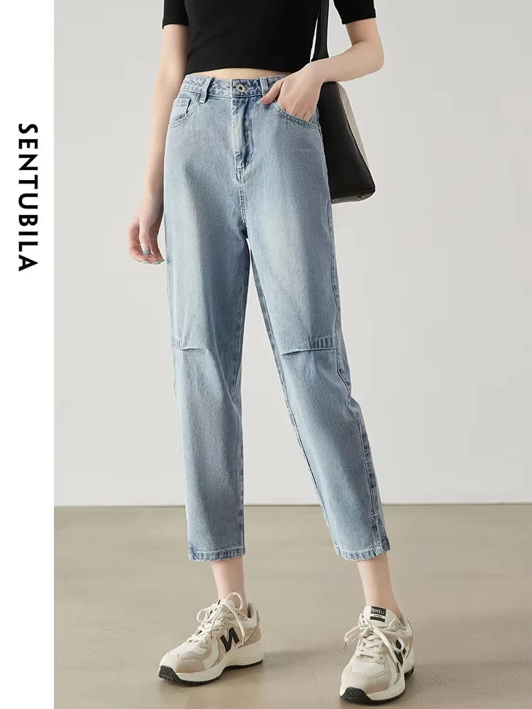 SENTUBILA New Ankle Length Harem Jeans for Women 2024 Summer High Waist Slit Hem Vintage Classic Washed Denim Loose Jean Pants