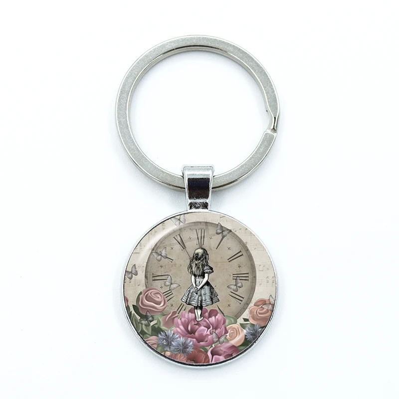 Alice In Wonderland Wonderland Garden Keychain Glass Cabochon KeyRing Bag Car Key Chain Ring Holder Charms Jewelry Gifts