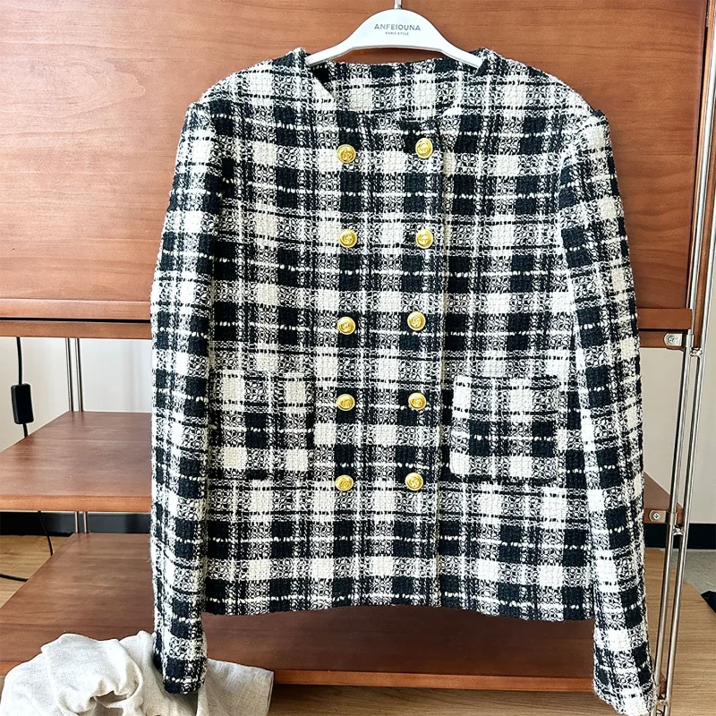 Casual Loose French Small Fragrance Black White Plaid Coat O Neck Wool Blended Tweed Gold Double-breasted Chic Women's Coat