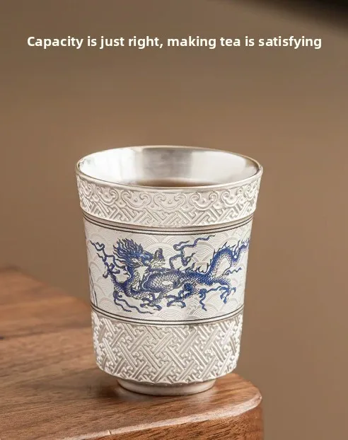 999 Sterling Silver Light Luxury Tea Set Flying Dragon on Clouds Bell-Shaped Tea Cup