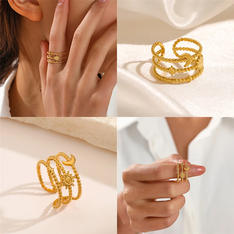 Vintage Stainless Steel Moon Sun Rings Women Golden Triple Layer Joint Jewelry Girls Fashion Ring Gifts Accessories Adjustable
