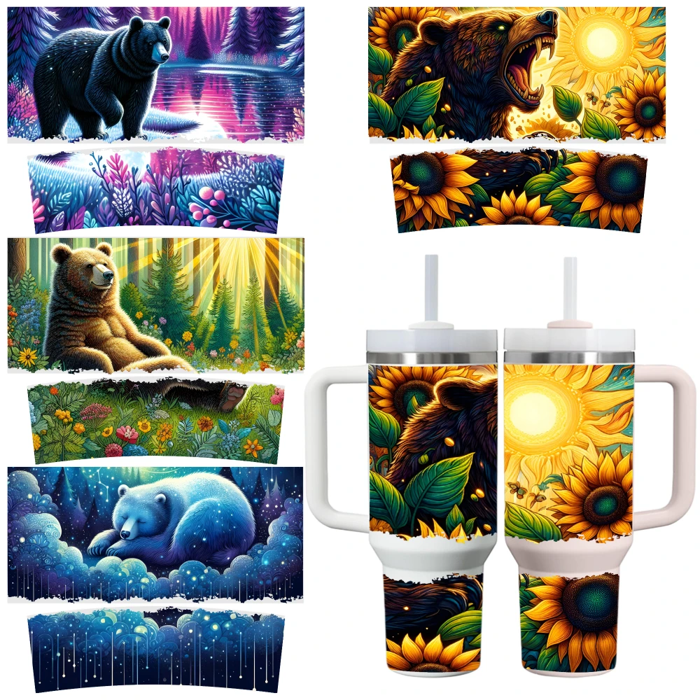 4 Sheets Bear Sunflower Forest Night Sky Waterfall UV DTF Stickers for 40oz Tumblers UV DTF Adhesive Waterproof DIY Cup And Mug