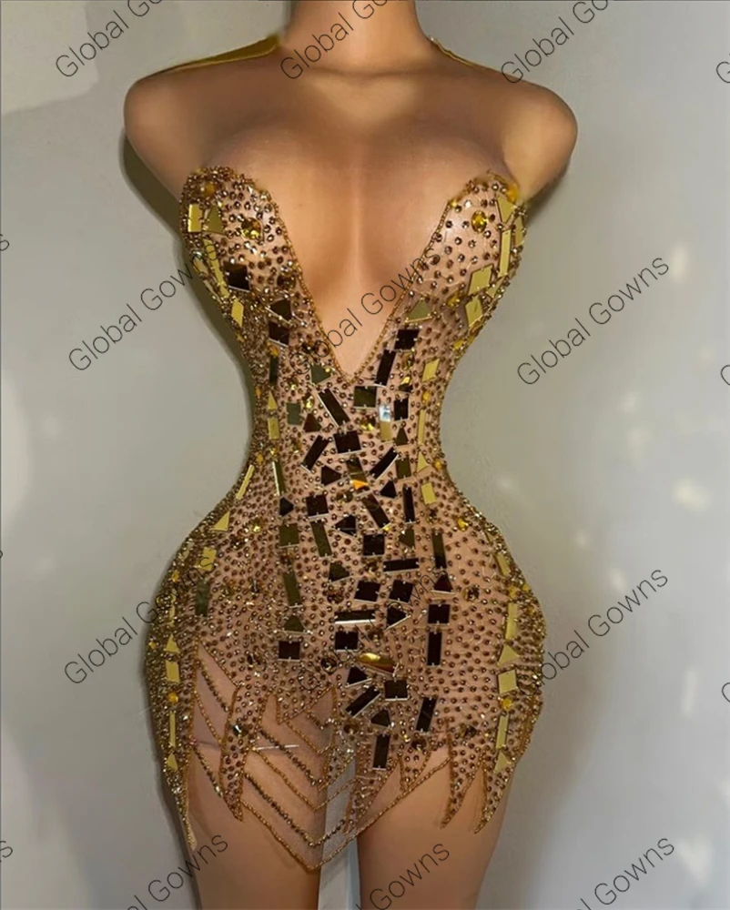 Gold Luxury Sparkly Diamond Short Prom Dresses Black Girls Beaded Sequined Birthday Party Mermaid Mini Cocktail Customized