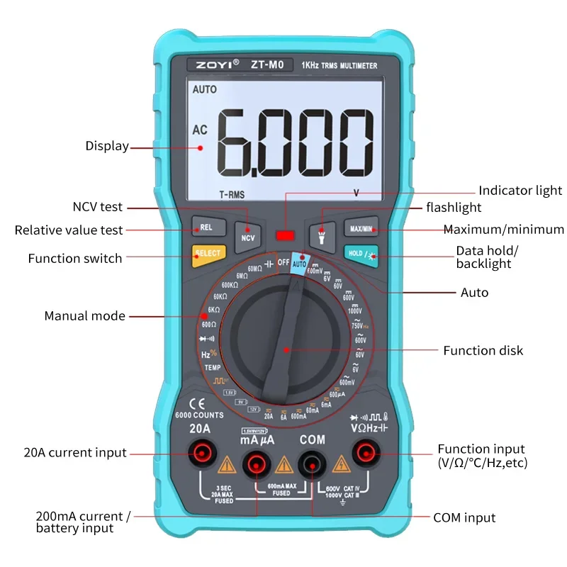 ZOYI  6000 True RMS Auto Range Ammeter Voltmeter ZT-M0 Digital Multimeter Smart Capacitor Temperature NCV Ohm Hz Tester