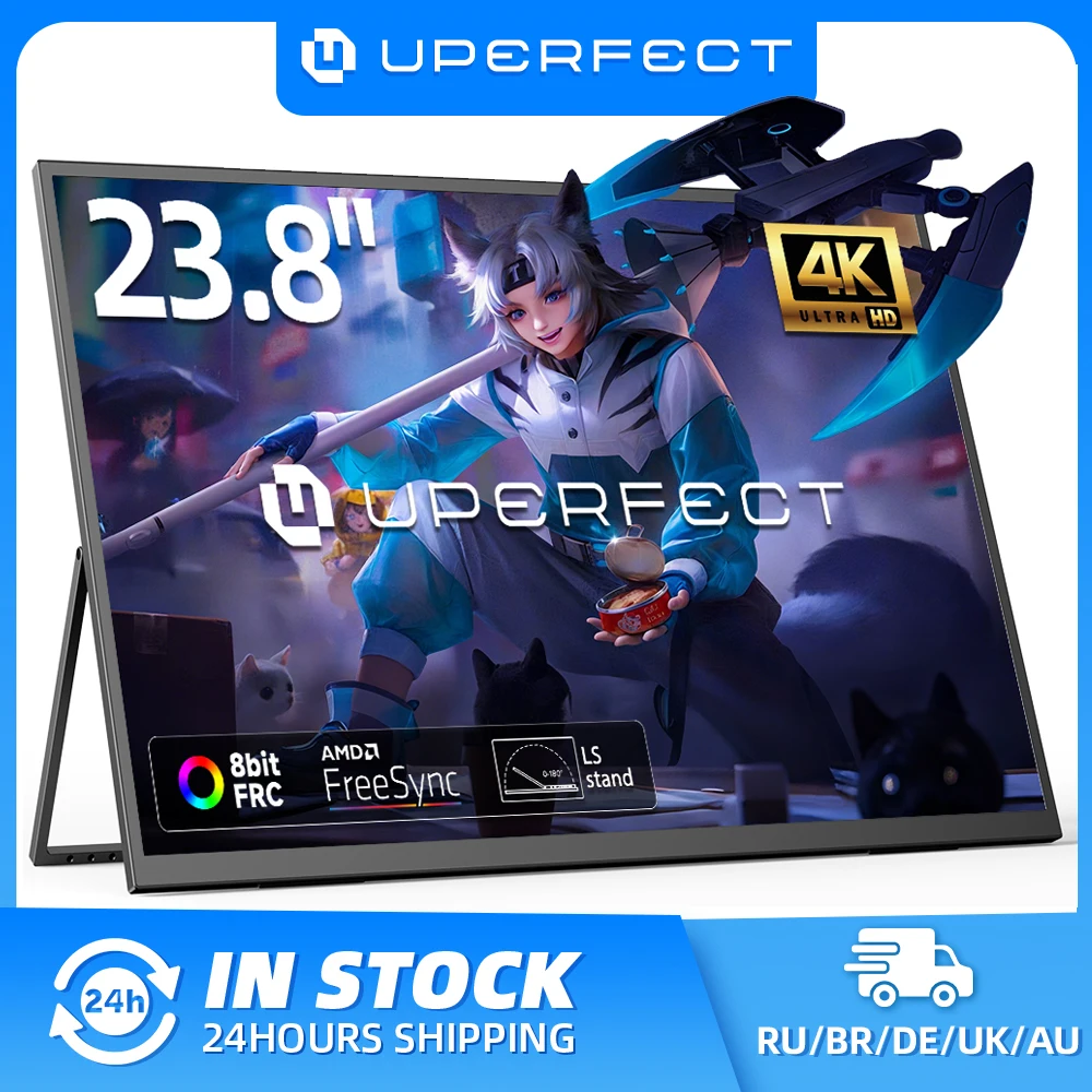 Monitor portátil grande UPERFECT 4K 23,8" UHD 3840 * 2160 100% sRGB FreeSync Tela externa para desktop, laptop, mini PC, MacBook com suporte VESA HDMI USB-C Monitor para jogos