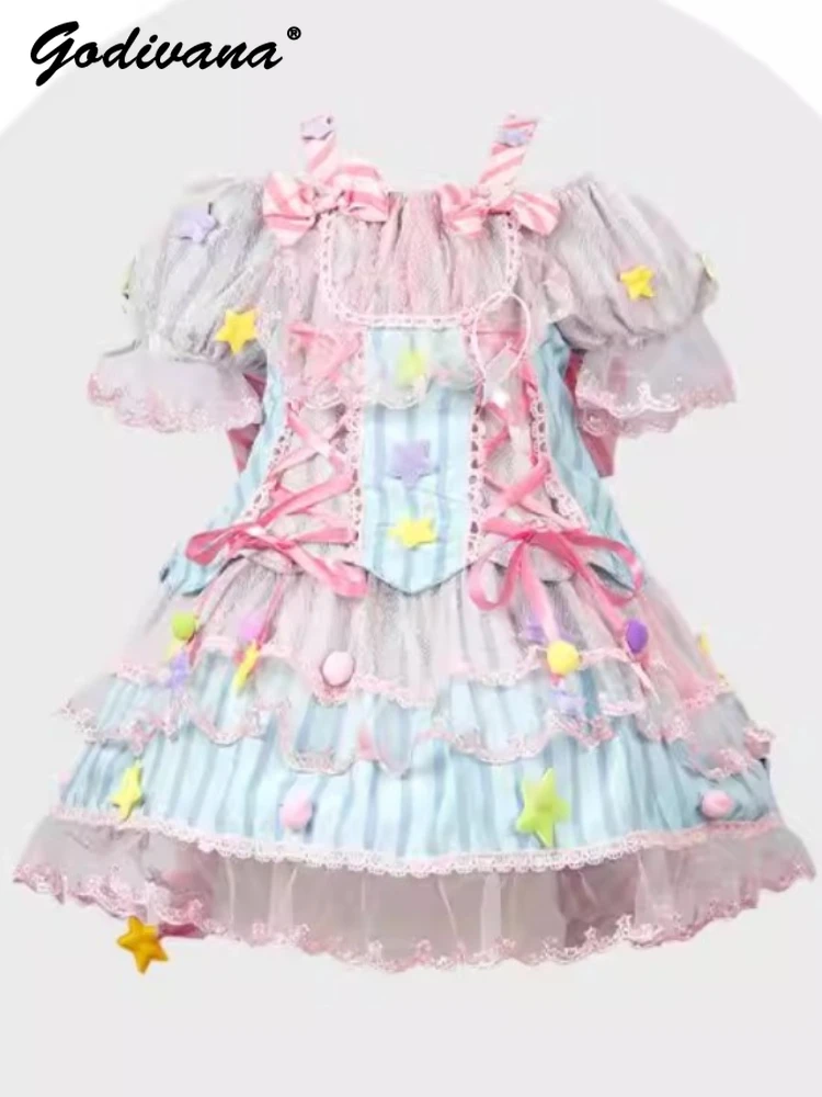 

Sweet Cute Girls Princess Lolita Dress Kids Summer New Cosplay Dopamine Color Block Lace Trim Mesh Bow Puff Sleeve Layered Dress