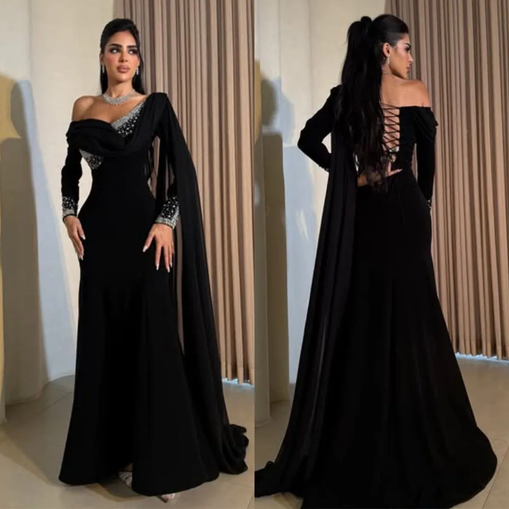 

High Quality Customized Floor Length Sweetheart Beaded Black A-line Платье Корейский Стиль Pageant Dresses Women فساتين السهرة