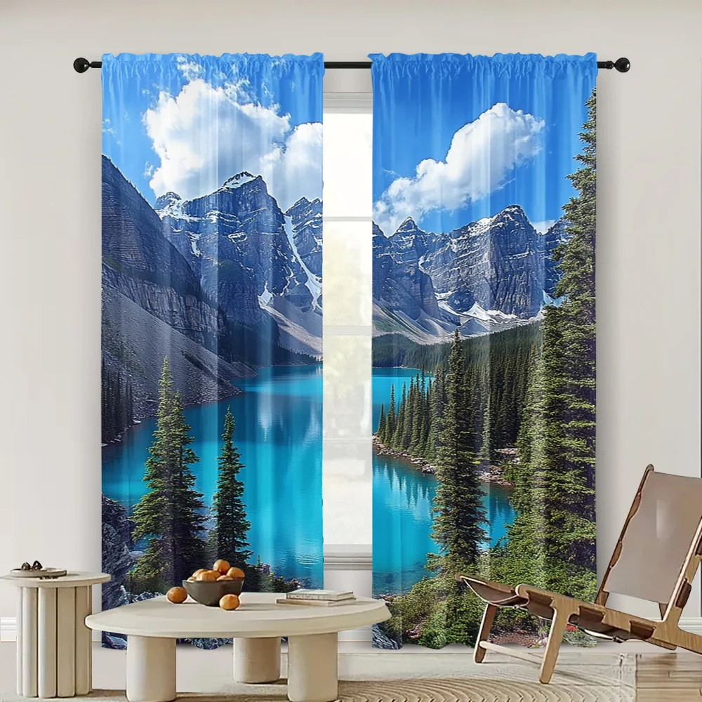 2pc,  Window Drapes Canadian Rocky Mountain Pine Forest Nature Polyester,Without Electricity Festive Backdrops Use for