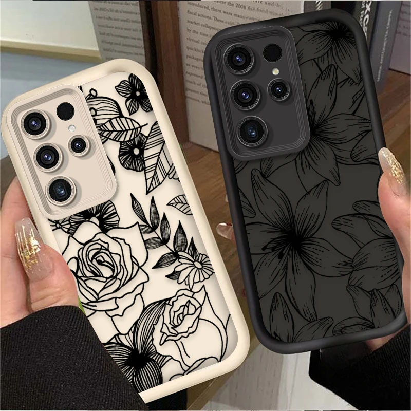 Vintage Black Line Flowers Case For Samsung Galaxy S26 S25 Edge S24 S23 Ultra S22 Plus S21 FE A07 A17 4G A37 A57 5G Soft Cover