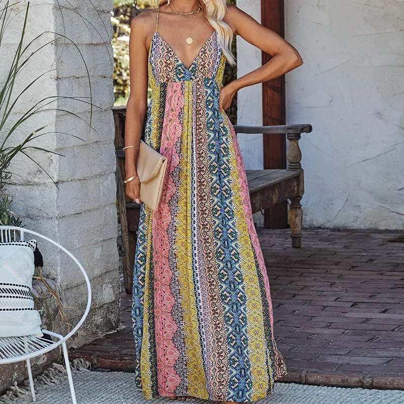 

2024 Leisure printed camisole long skirt for women V-neck low cut sexy long skirt for women fashion vacation bohemian vest