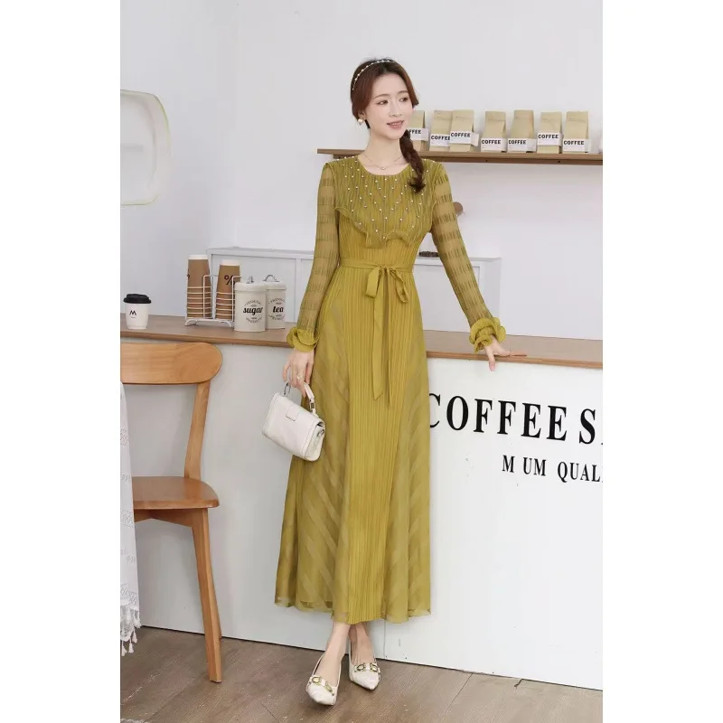 레트로 우드 비즈 벨트 캐주얼 디자인 플리츠 드 하이 웨이스트 플로잉 벨벳 A라인 스커트 롱 스커트 봄