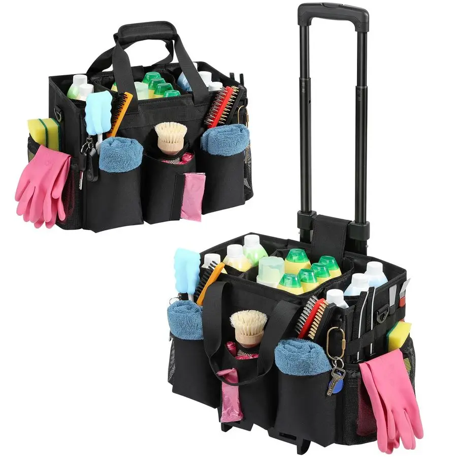 

Rolling Cleaning Caddy Bag with Detachable Trolley, Professional Portable Large Cleaning Bag with Wheels, Wearable Cleaning Supp