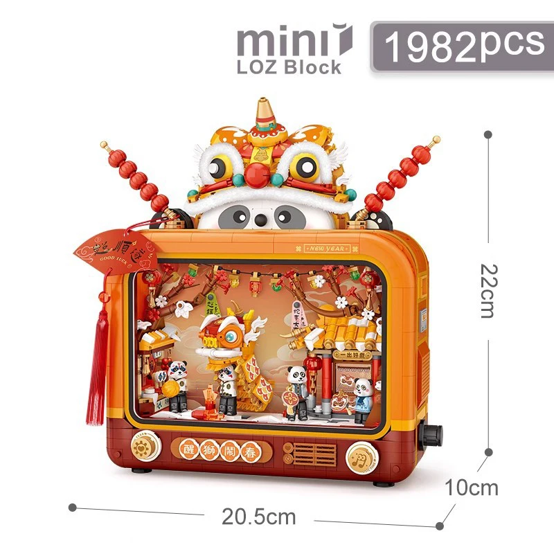 Creative China New Year Shadow Play Television Mini Block Panda Lion Dance Figures Construction Building Brick Toy With Light