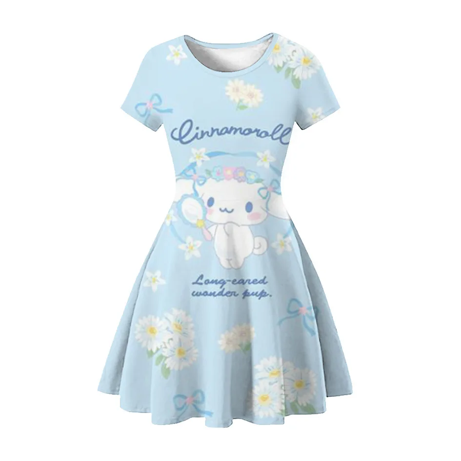 MINISO Summer Dress Fashion Girls Cartoon Cinnamoroll 3d Printed Women Dresses Girls Short Sleeve Princess Dress Girls Clothing