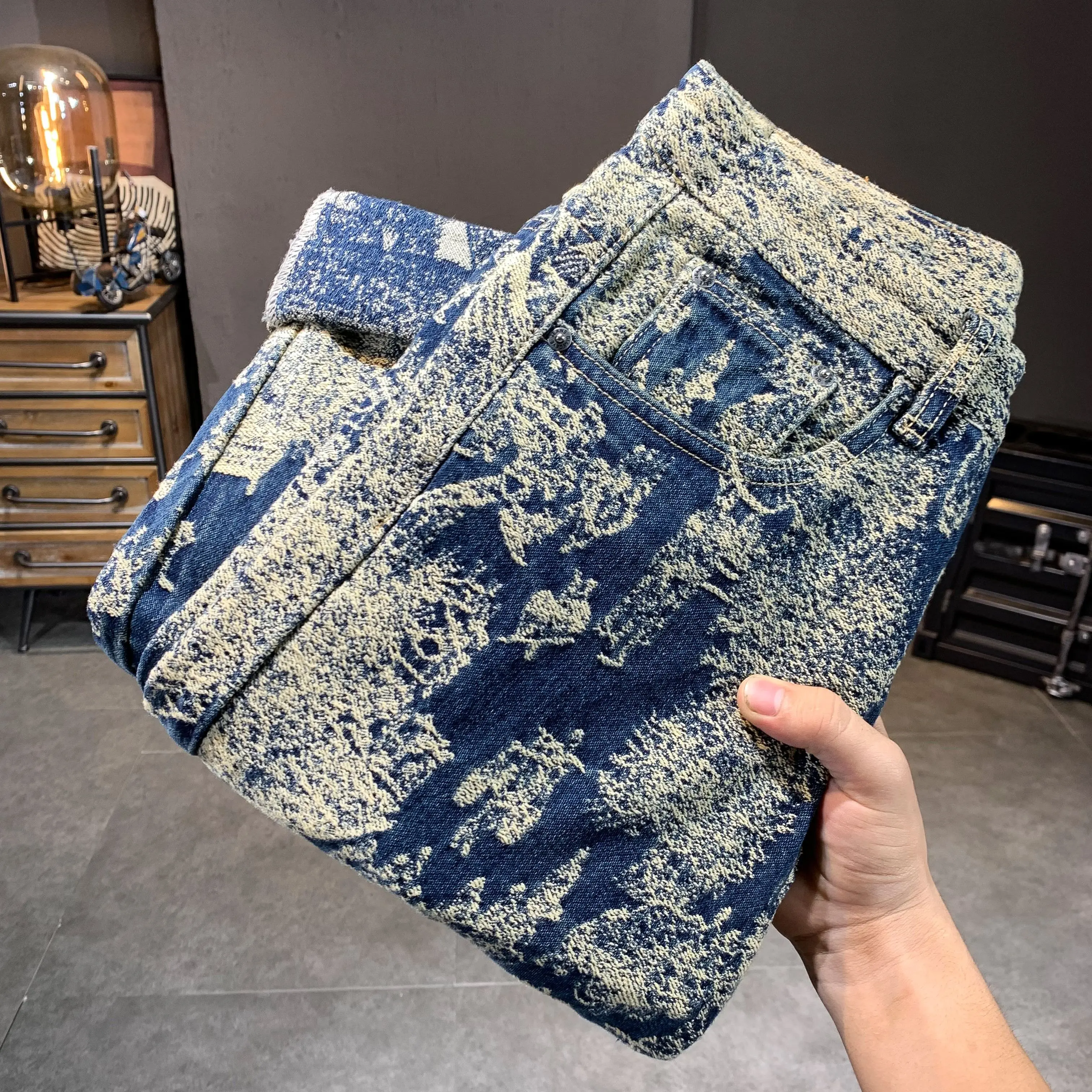 

Special Design Vintage Blue Jeans Male Jacquard Pattern Washed Denim Pants Spring Smart Clothes