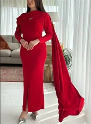 Simple Red Evening Dress with Floor-Length Cape Sleeves V Collar Elegant Saudi Arabia Prom Dress Long Skirt to the Floor Newest