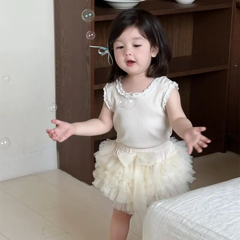 

2025 Summer New Baby Sleeveless Clothes Set Girls Cute Lace T Shirts + Yarn Skirt Sweet Princess 2pcs Suit Infant Thin Outfits