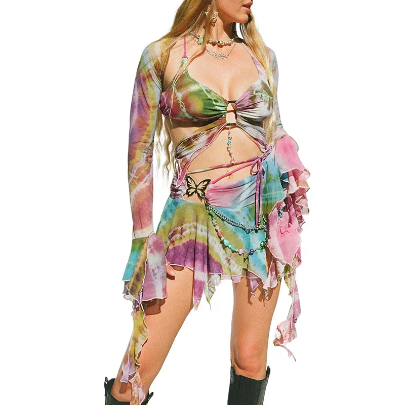 Kaftan playa traje de baño vestido de baño mujer 2025 túnica traje cubrir señoras dulce trompeta manga mariposa estampado encaje hasta flecos Sexy