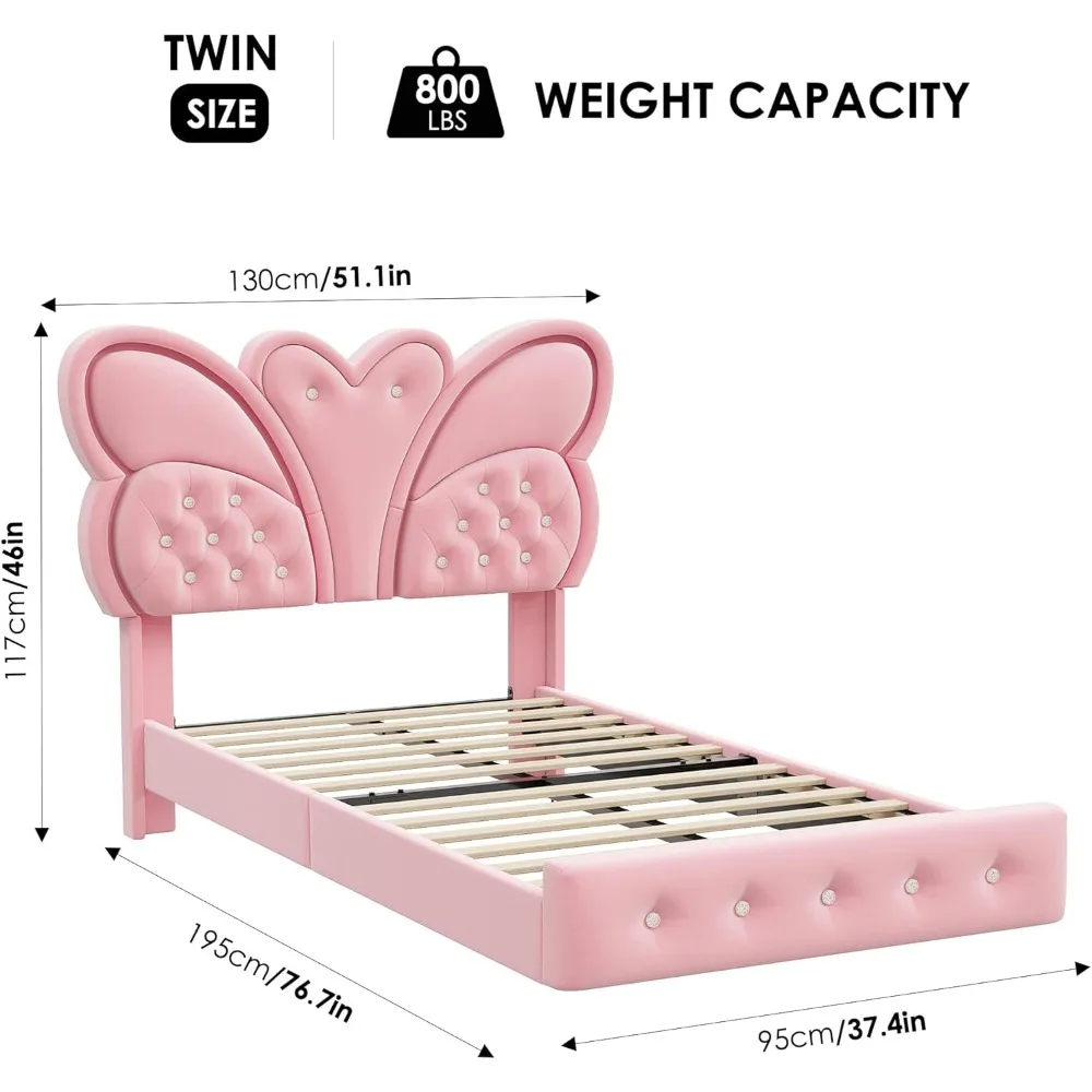Keyluv Twin Bed Frame Butterfly-Pattern Upholstered Headboard, Modern Floating Bed with LED Lights Button Tufted on Headboard an
