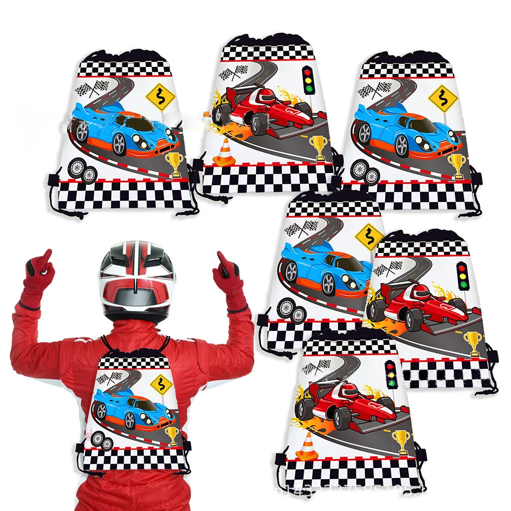 

Racing Car Black And White Checkered Non-woven Drawstring Bag Racer Sports Gift Bags Boys Happy Racing Birthday Party Decor