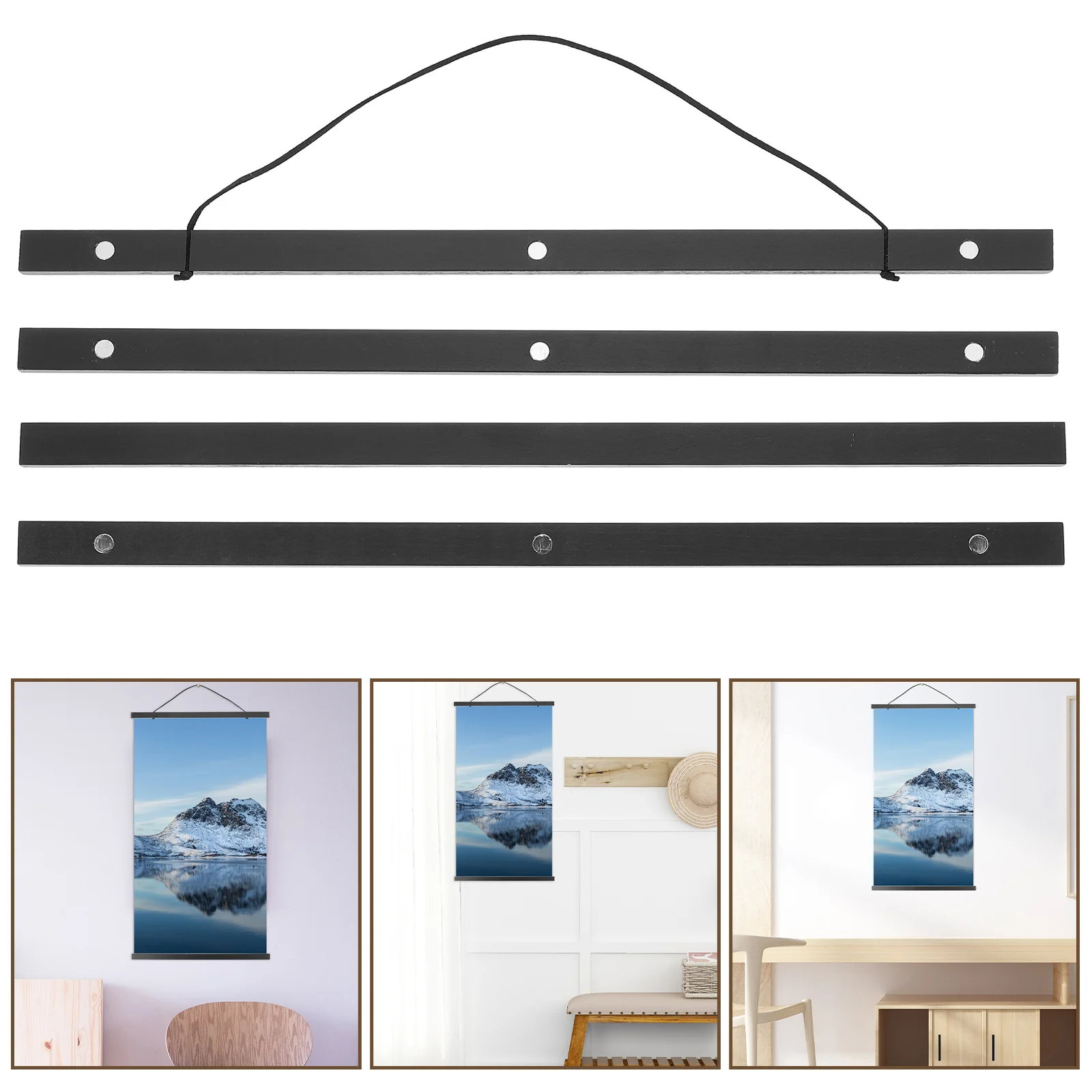 1Set Magnetic Picture Hanger Poster Frame Wood Magnet Scroll Hanger Picture Poster Display Shelf Magnetic Painting Hanging Frame