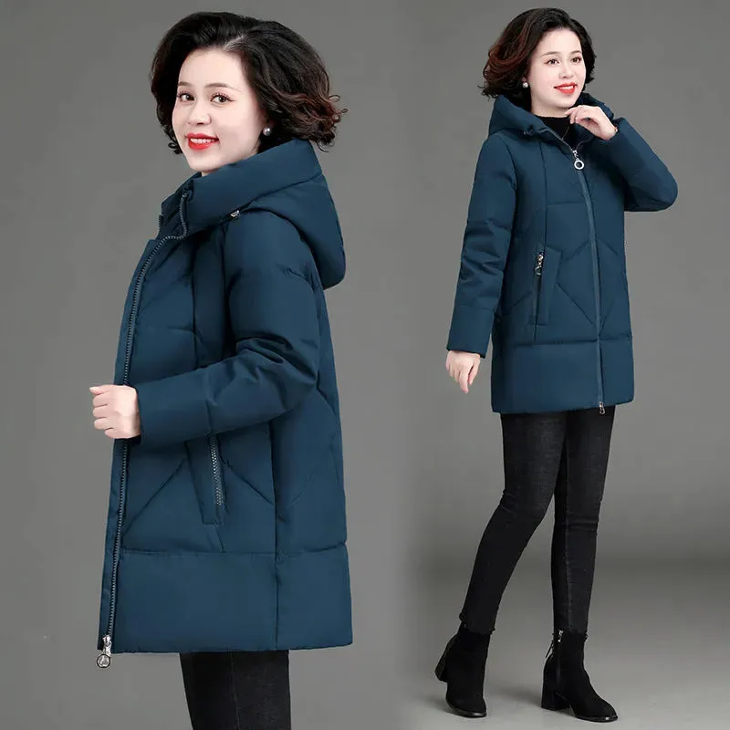 Middle-aged Mother Down Cotton Clothes 2022 New Women Parkas Winter Jacket Mid-Length Solid Color Hooded Padded Coat Thick Parke