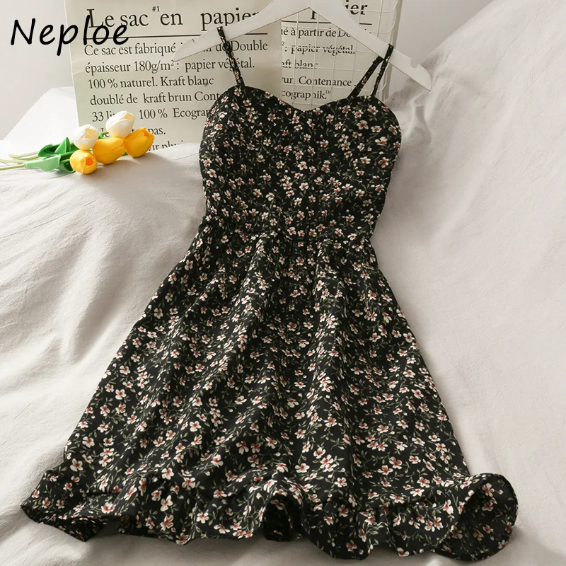 Neploe Vintage Print Bohemian Holiday Dress Women High Waist Hip A Line Slim Vestidos V Neck Sleeveless Off Shoulder Robe Summer