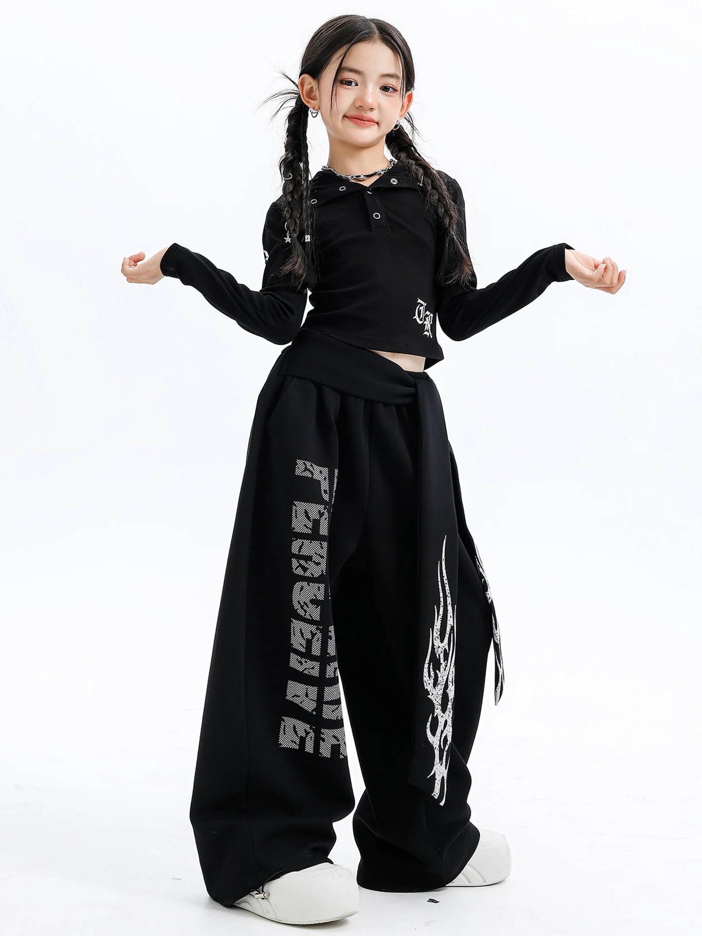 2025 中国風ジャズダンスパフォーマンス衣装女の子のための黒パーカートップスルーズパンツストリートヒップホップ服 DQS20722