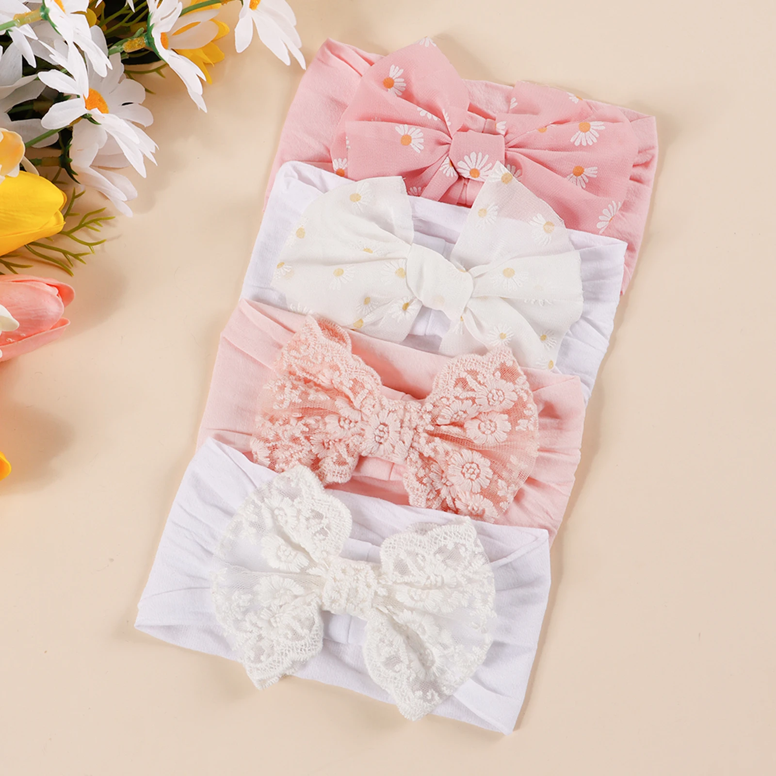 

4Pcs/set Hot Sell New Lace Gauze Printed Nylon Headband Soft Comfortable Newborn Headband Baby Cute Elastic Hair Accessories