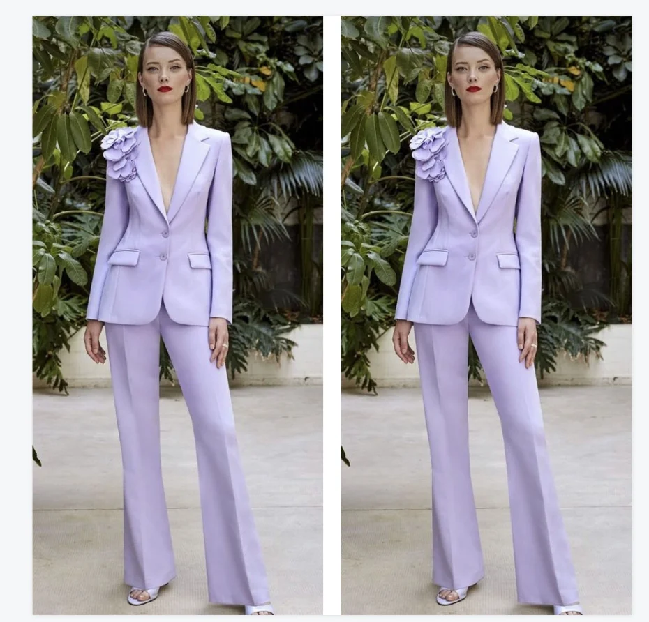 

Lavender Purple Women Suits Set 2 Piece Blazer+Pants Trousers 3D Flower Customized Office Lady Jacket Wedding Tuxedos Party Coat