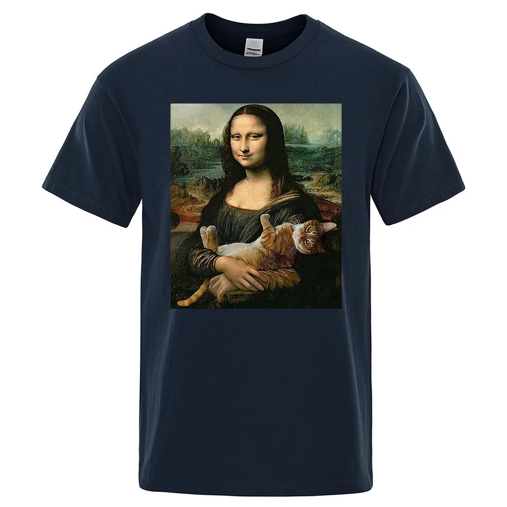 Funny Mona Lisa And Cat Printed T-Shirt For Men Summer Cotton T Shirt Loose Breathable Clothing O-Neck Fashion Casual Short Tees