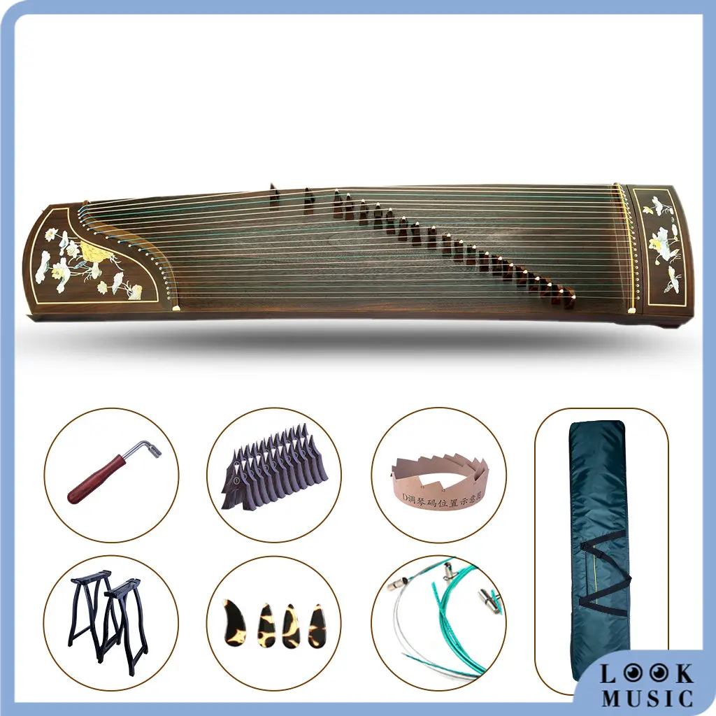 

LOOK Advanced Level Black Sandalwood Guzheng Instrument 21 Strings Chinese Zither With Lotus Pattern Pattern Inlay Harp