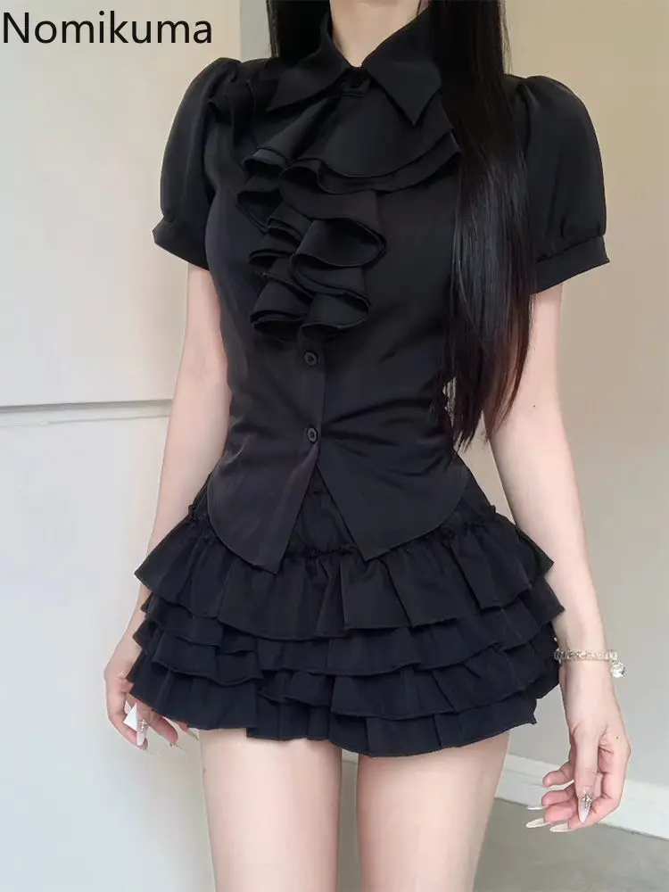 

Goth 2 Piece Sets Women's Clothing Puff Sleeve Slim Fit Blouses Ruffles High Waist Mini Skirt Outfits Fashion Summer Sweet Suit