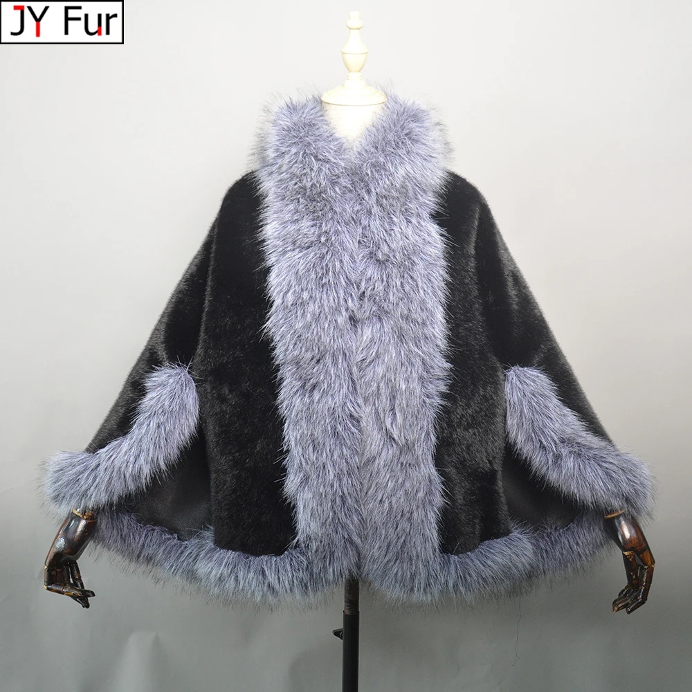 New Knitted Fake Mink Fur Shawl Coat With Fake Fox Fur Collar Women's Fashion Knit Jacket Cape