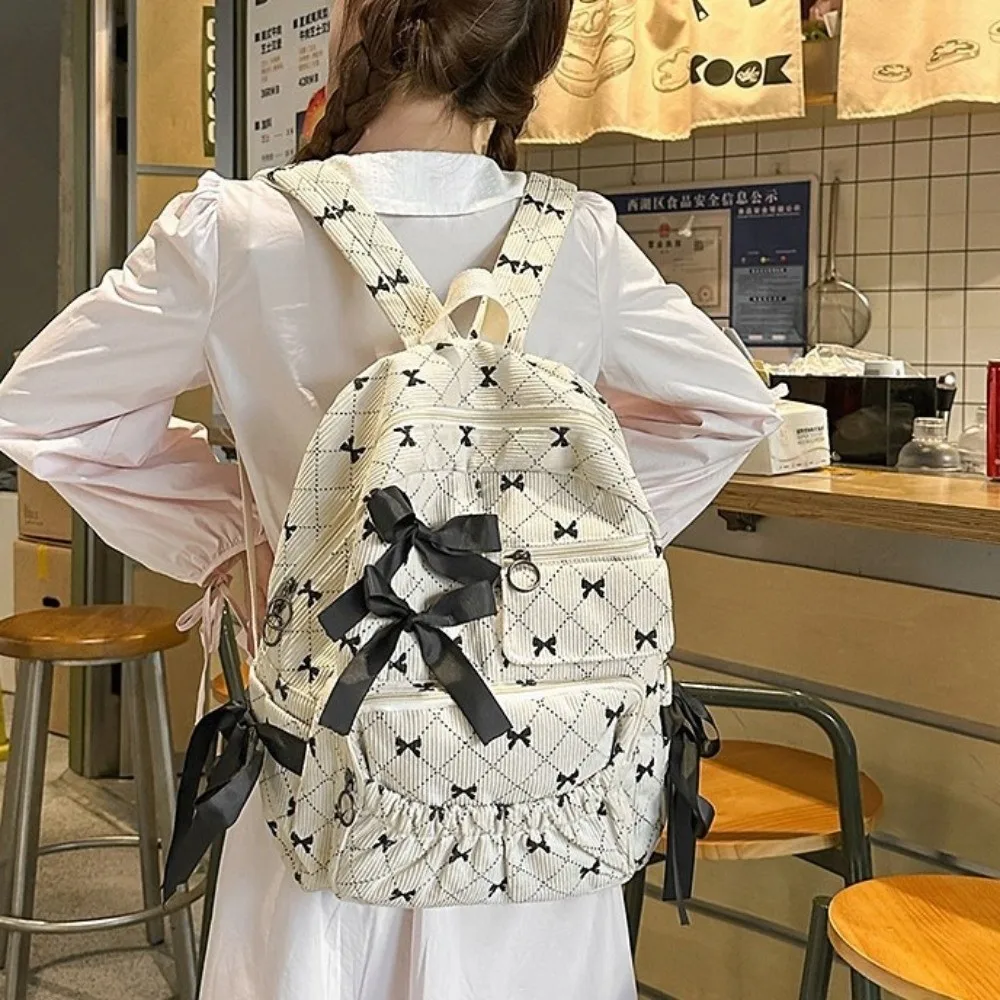 

Модный вельветовый школьный рюкзак с бантом большой емкости, универсальный рюкзак в стиле Ins, студенческий рюкзак с бантом и принтом, женский рюкзак