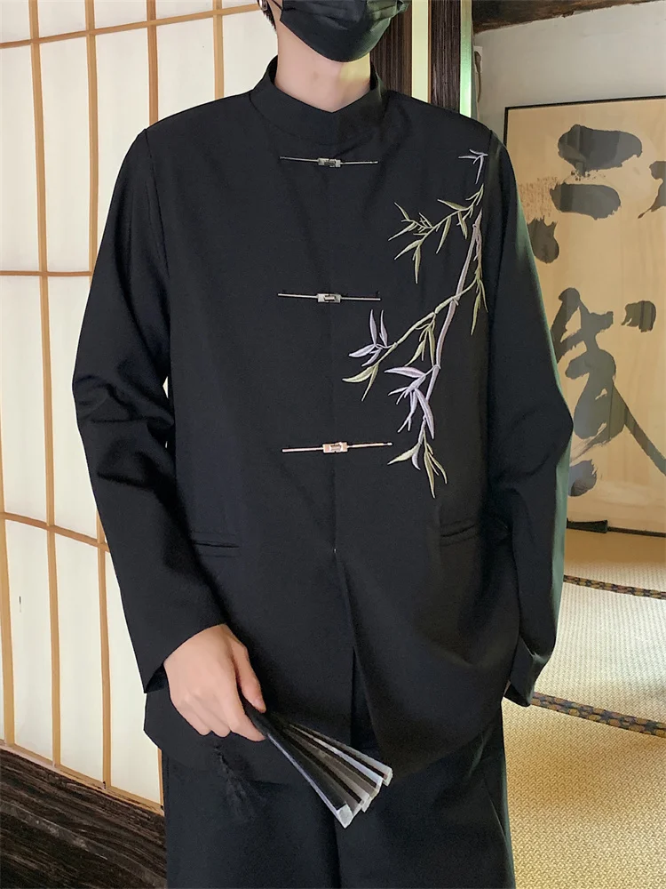 

New Chinese Sle Men's Jaet with Metal Button Embroidery Stand Collar Waistcoat Faionable Spring Outerwear Coat