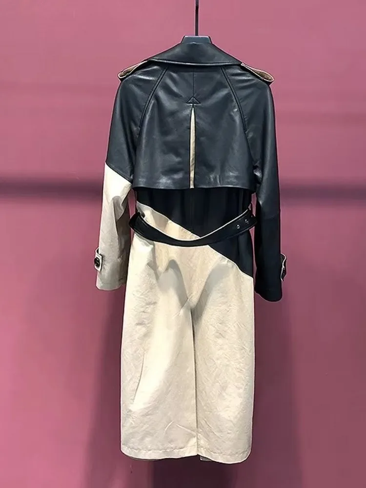 사무실 레이디 우아한 정품 가죽 트렌치 패션 패치 워크 슬림 벨트 더블 브레스트 양피 코트 streetwear 여성 오버 코트