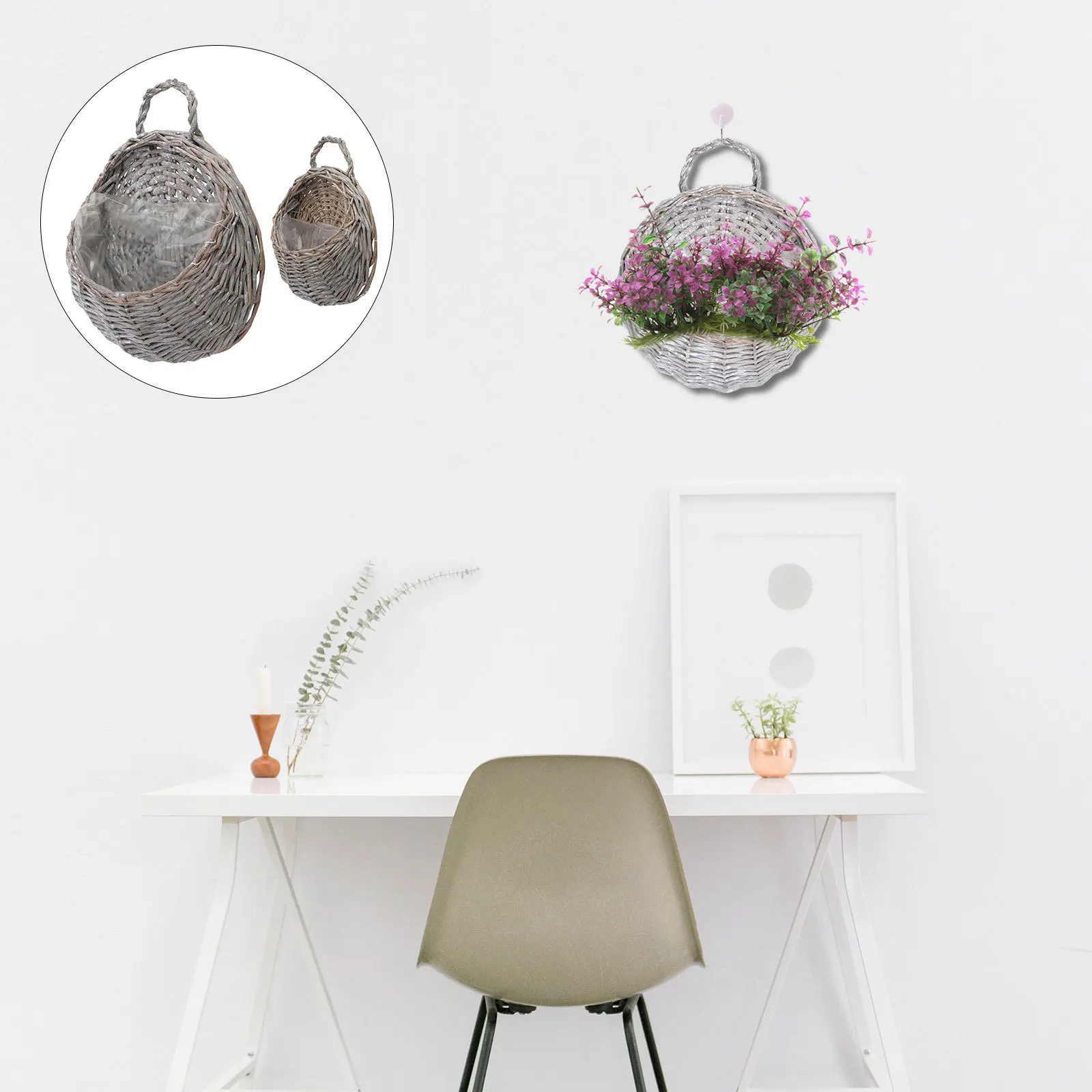 

2Pcs Wicker Hanging Flowerpot Rustic Rattan Wall Basket Grey Straw Willow for Artificial Plants Fruit Storage