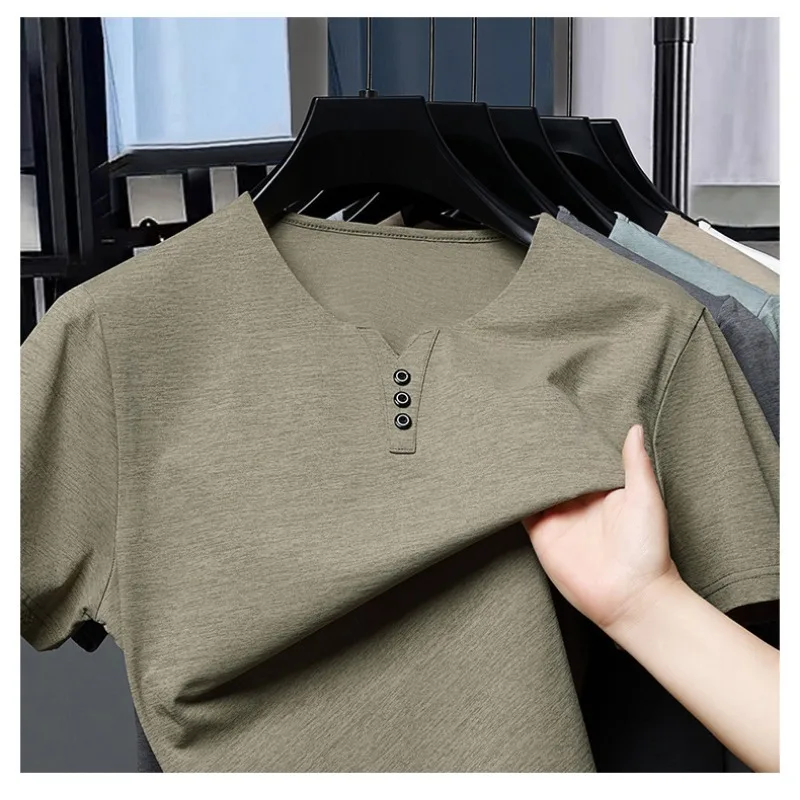 

Luxury Trendy Heart Collar Solid Color Top 2025 Summer New Casual Business Breathable Short Sleeve Men's T-shirt