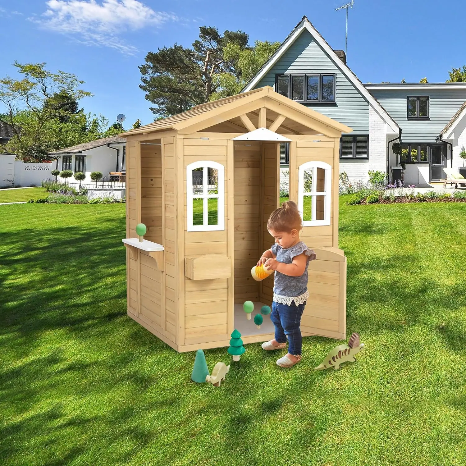 Outdoor Playhouse, Wooden Kids Playhouse for Kid with Working Door, Windows, Flowers Pot Holder,Cottage Playhouse