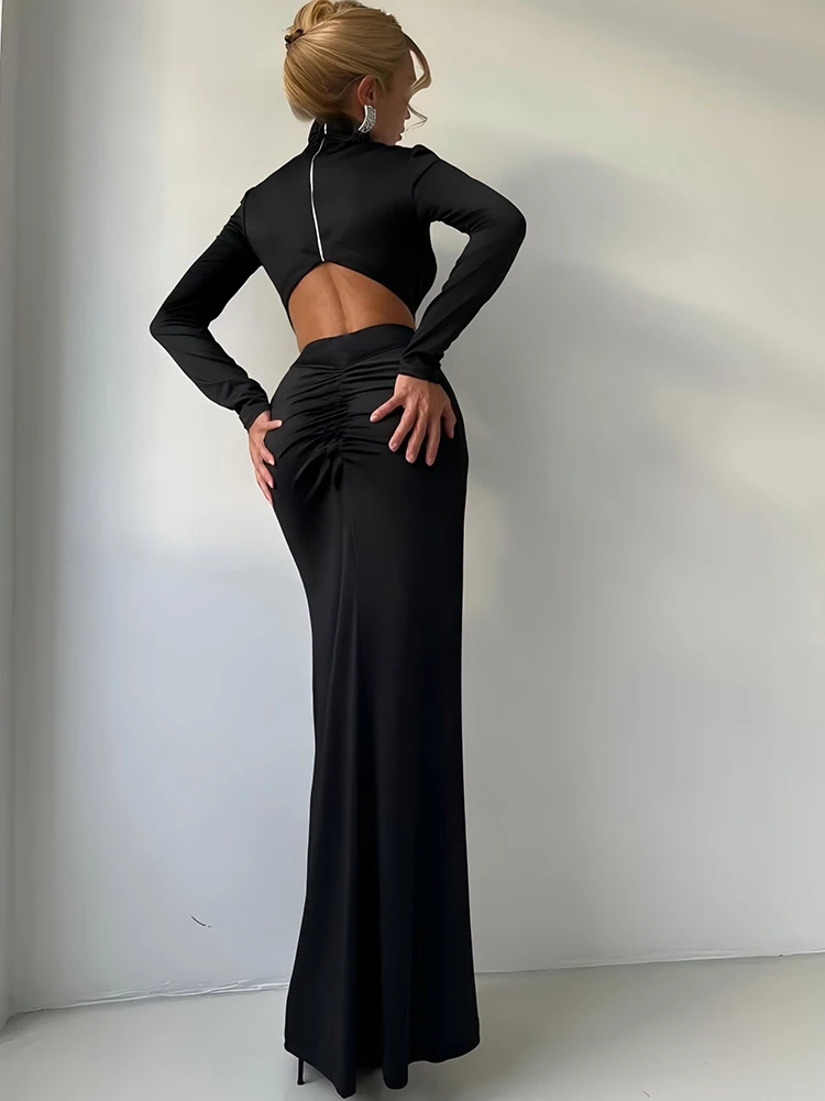 JULISSA MO col roulé Sexy dos évider froncé femmes robe Maxi automne fermeture éclair manches longues maigre élégant robe de soirée