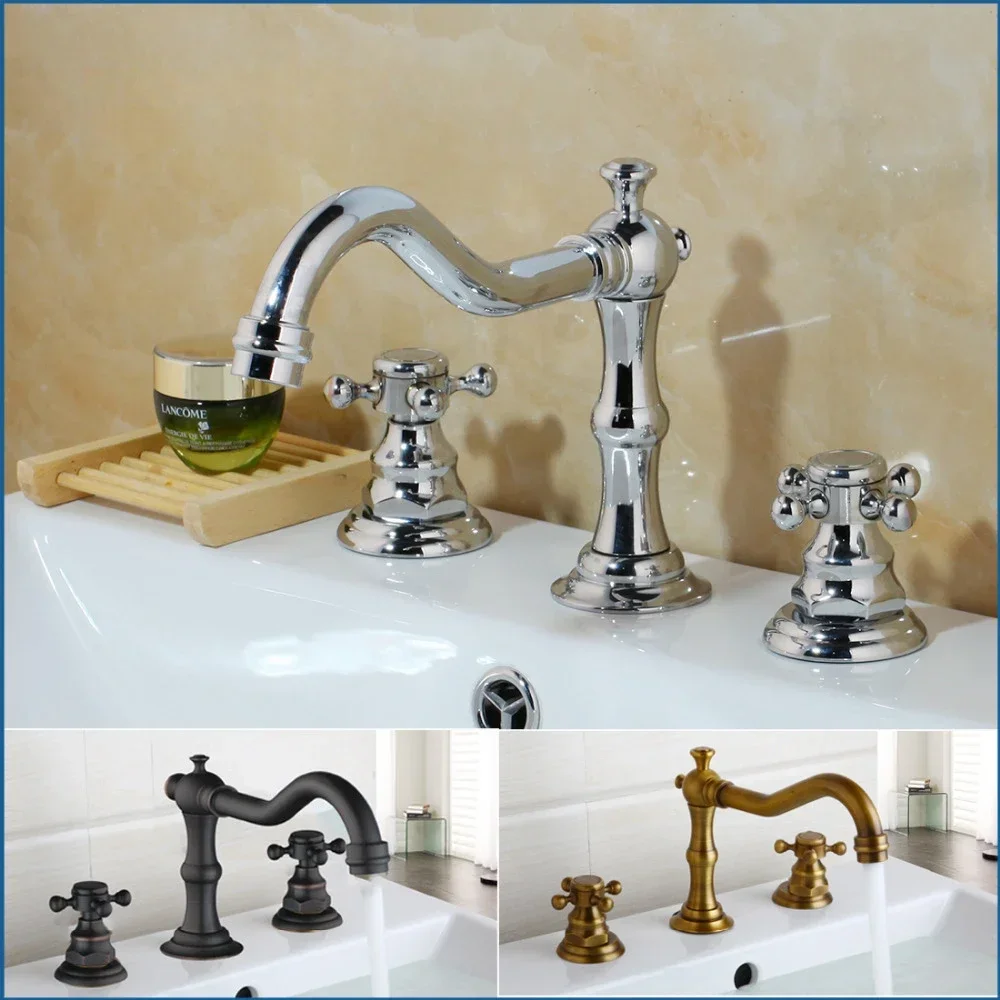 

Antique Brass Bathroom Basin Faucet Double Handles Deck Mounted Mixer Tap 3 pcs Bathtub Faucets Hot Cold Water