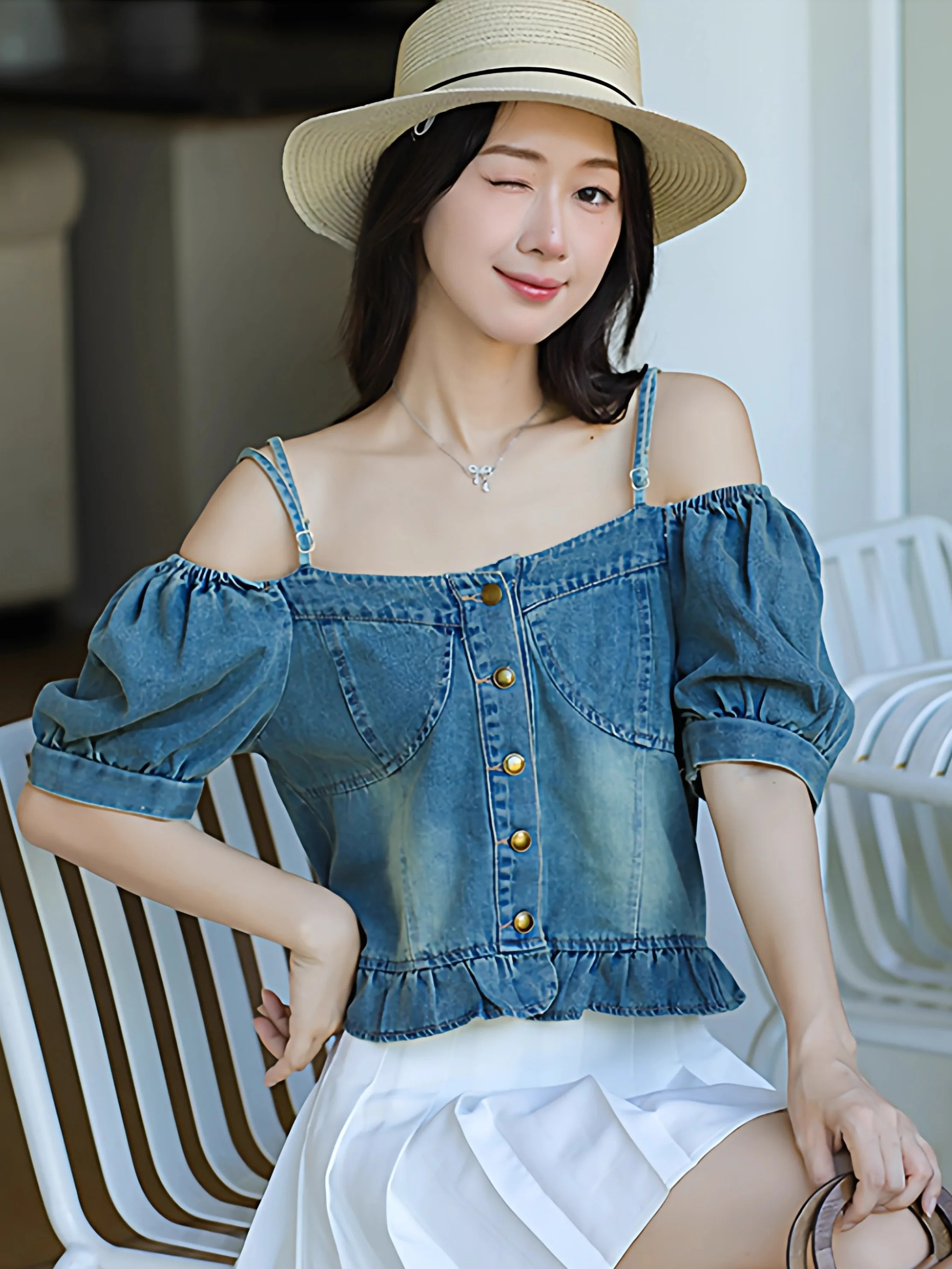 

Ретро-сексуальная джинсовая блузка с открытыми плечами, модная пляжная одежда для отпуска, дышащая хлопковая блузка с короткими рукавами-фонариками, укороченная женская блузка