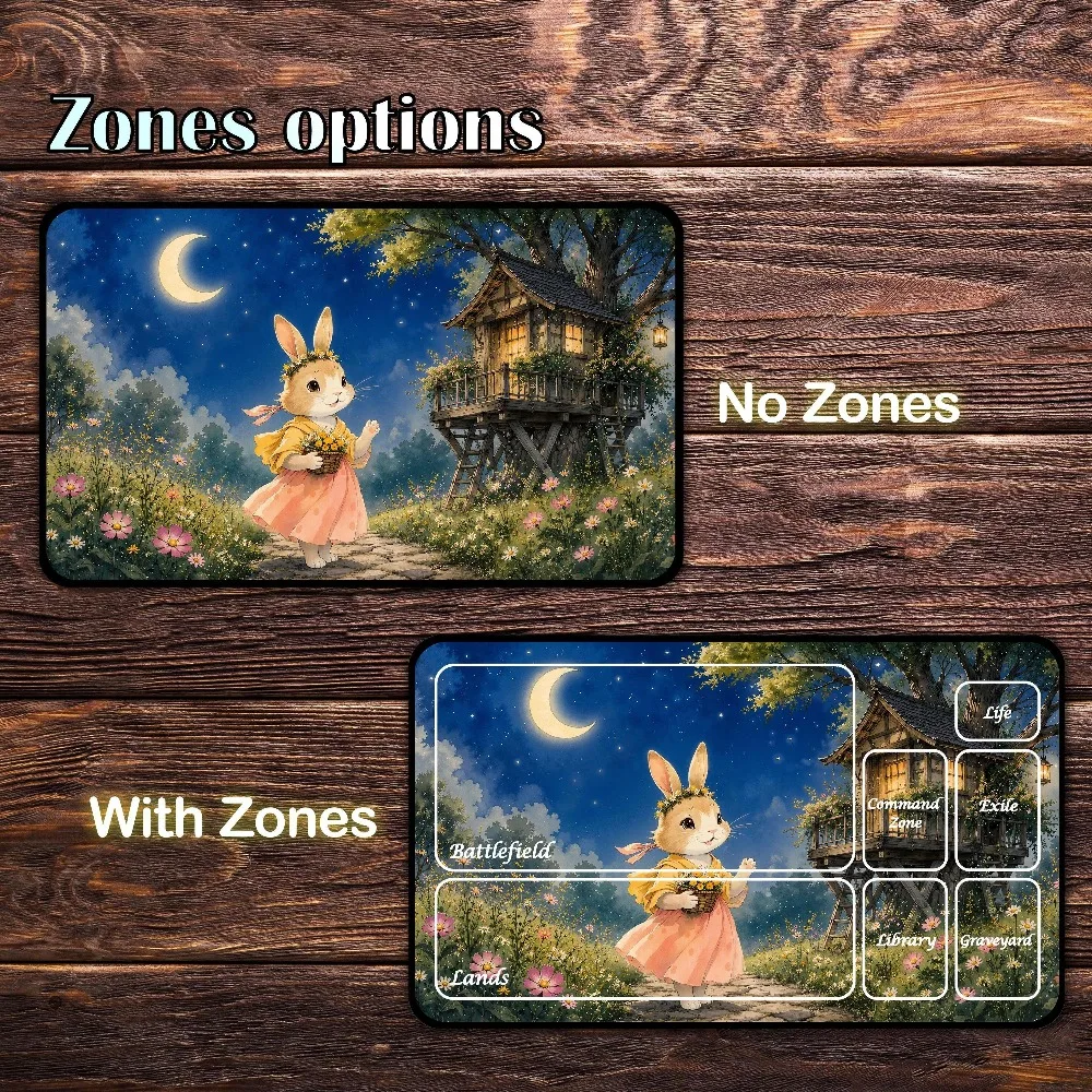 Cute Bunny Treehouse TCG Playmat Night Moon Flower Meadow Fairy Tale Watercolor Art Premium Rubber Large Gaming Desk Mat