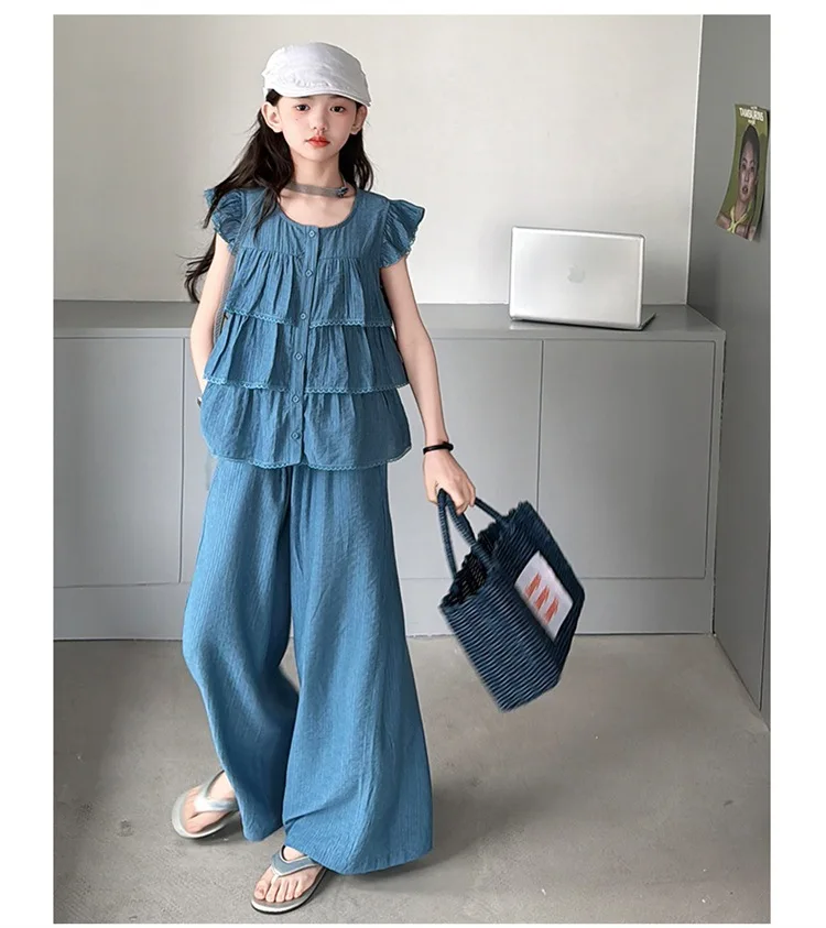 2026 New Teenage Casual Jean Clothing Suits,  Baby Girls Fashion 2 Piece Sets,  Blouse + Pants  5 -12 T