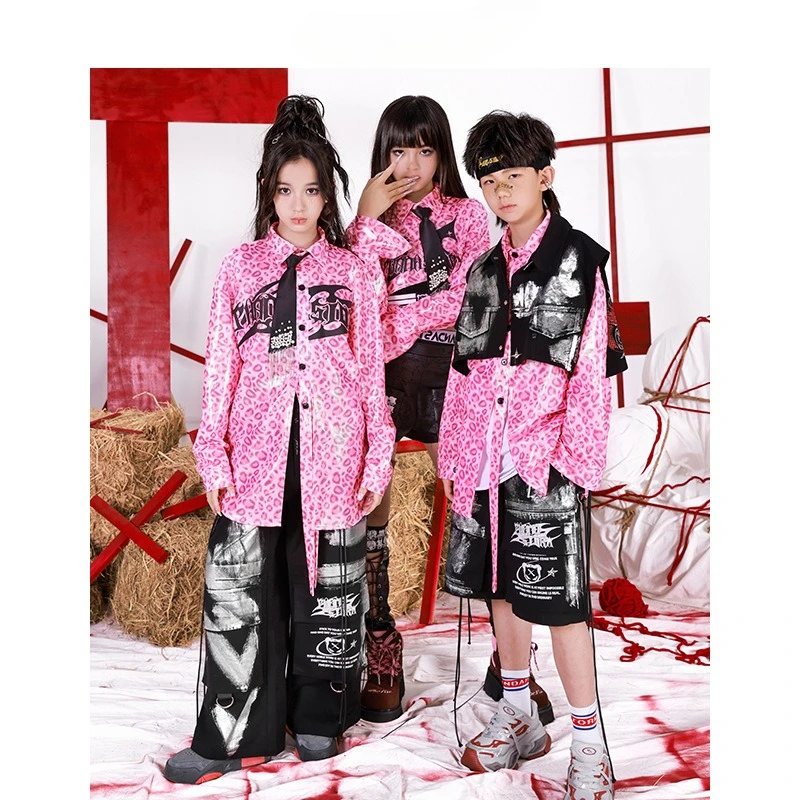 Girls Pink Leopard Street Dance Clothes Short Shirts Black Shorts Catwalk Concert Performance Costume Group Fashion Clothing Set