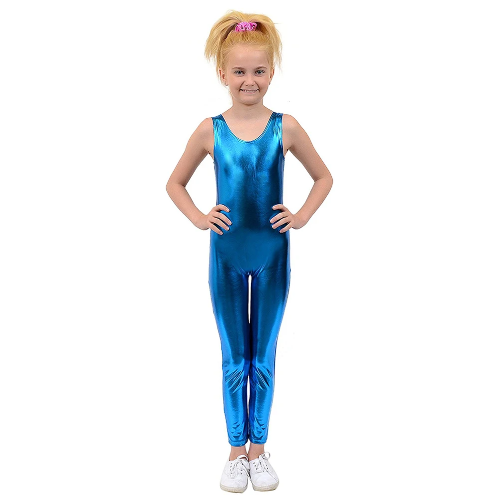 Kid Shiny Metallic Spandex Unitards Sleeveless Catsuit Stage Costumes Children Gymnastics Suit Tank Dance Clothes Teens Toddlers