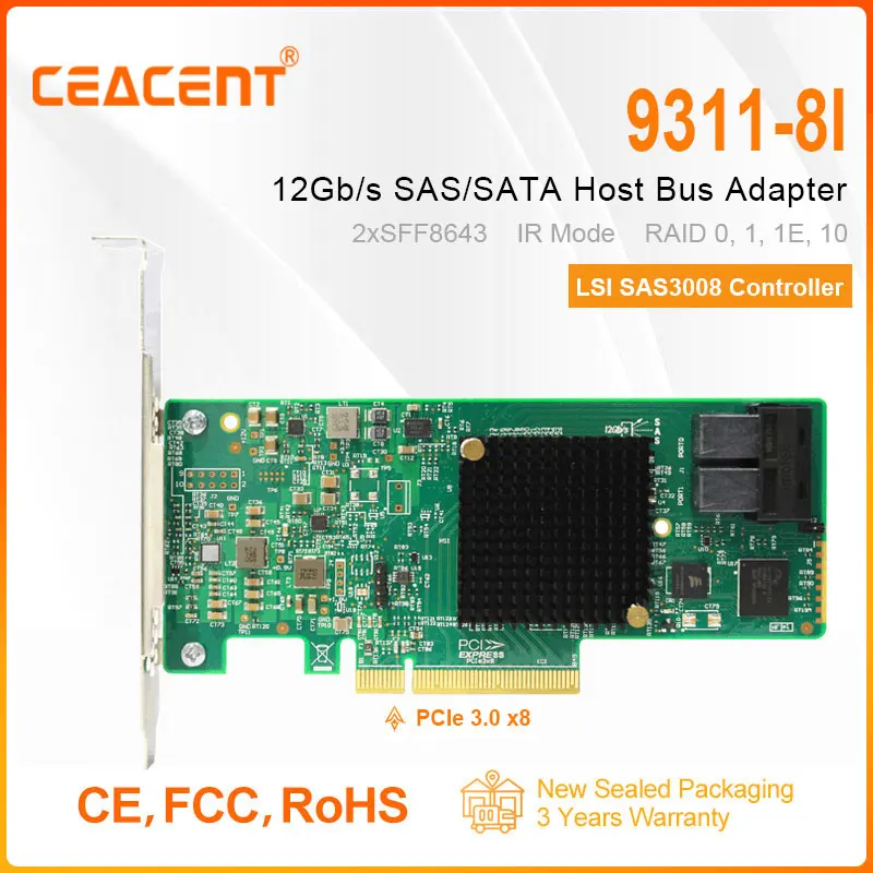 HBA 9311-8i PCIe 3.0 x8 12Gb/s SAS/SATA Host Bus Adapter IR-Mode 2*SFF8643, LSI SAS3008, Support RAID 0/1/1E/10