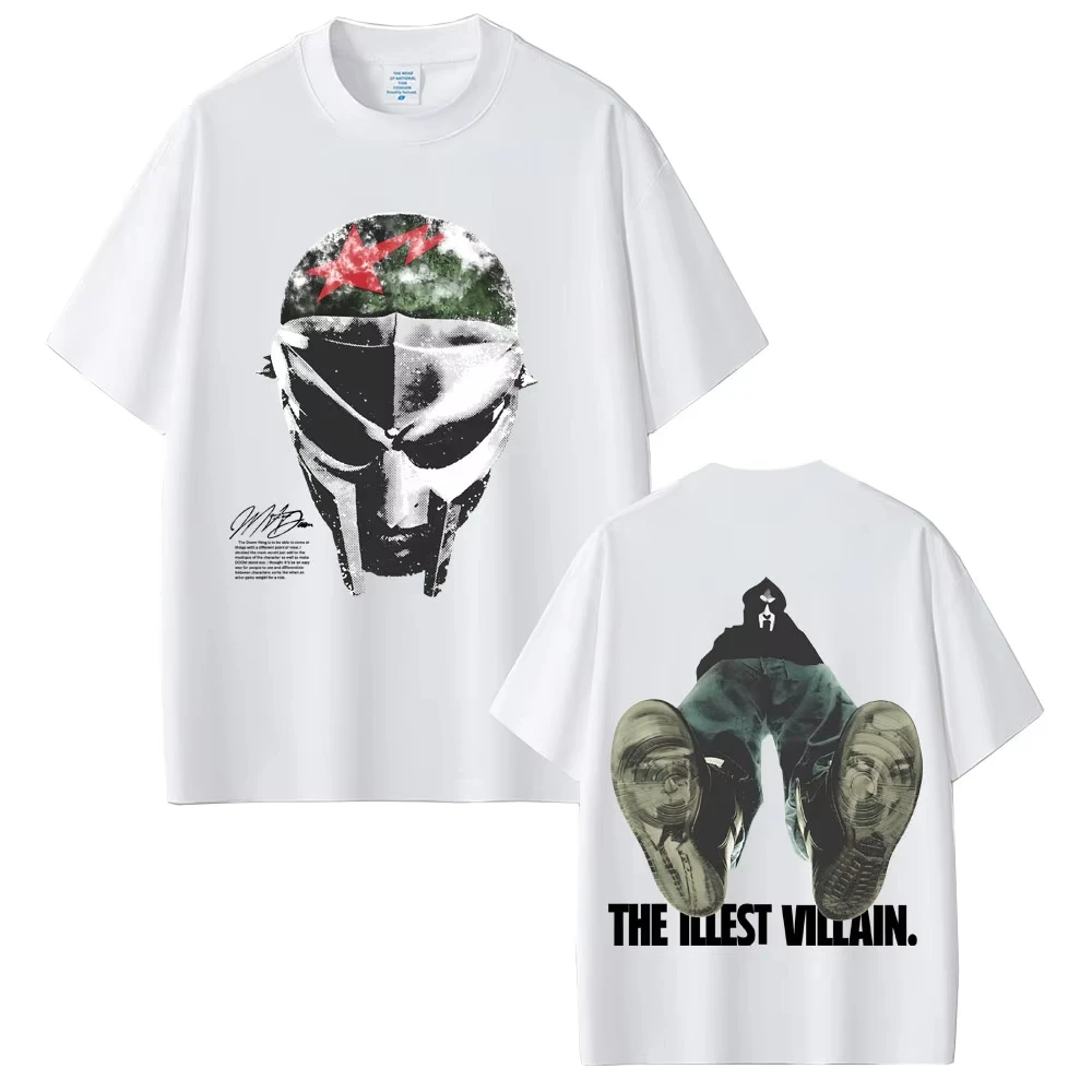 مغني الراب Mf Doom Madvillainy The Illest الأشرار ألبوم مزدوج الوجهين طباعة تي شيرت الرجال النساء الهيب هوب موضة موسيقى البوب تي شيرت